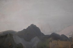 Olio originale modernista su tela "Città sul lago" di Muzhou Yu