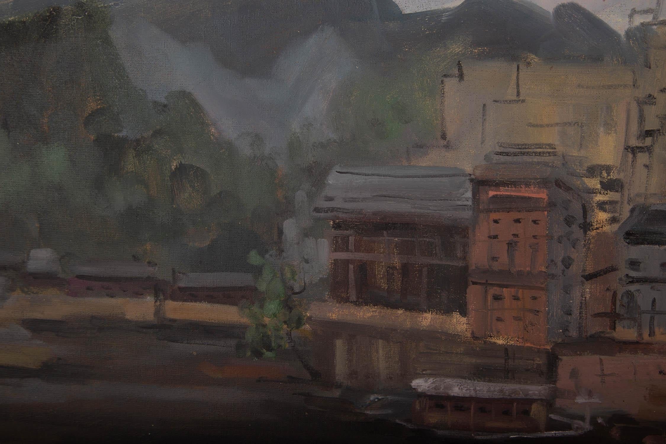 Huile sur toile originale moderniste de Muzhou Yu « City By The Lake » (Cité par le lac). en vente 4
