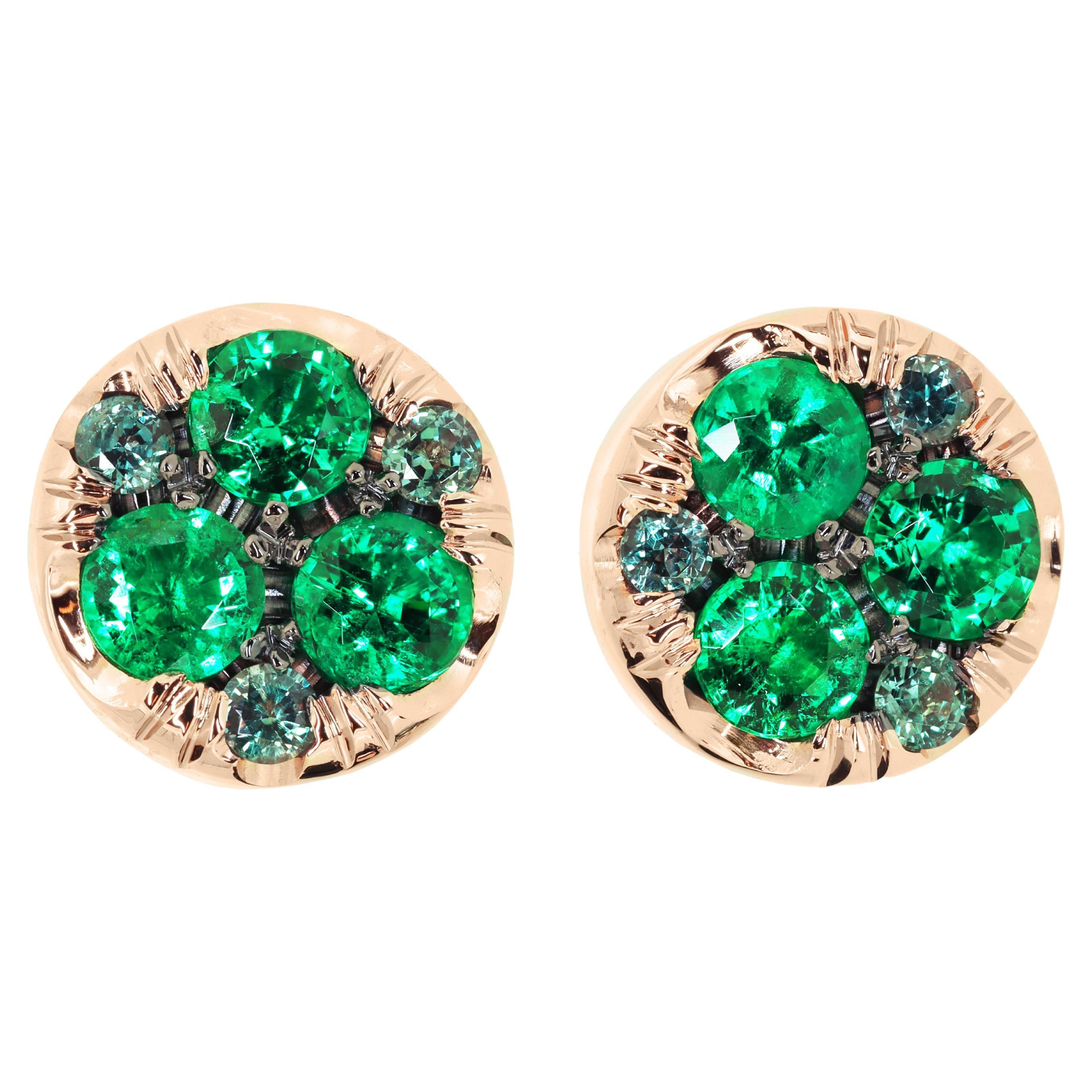 Muzo Colombian Emerald Alexandrite Rose Gold Stud Earrings For Sale