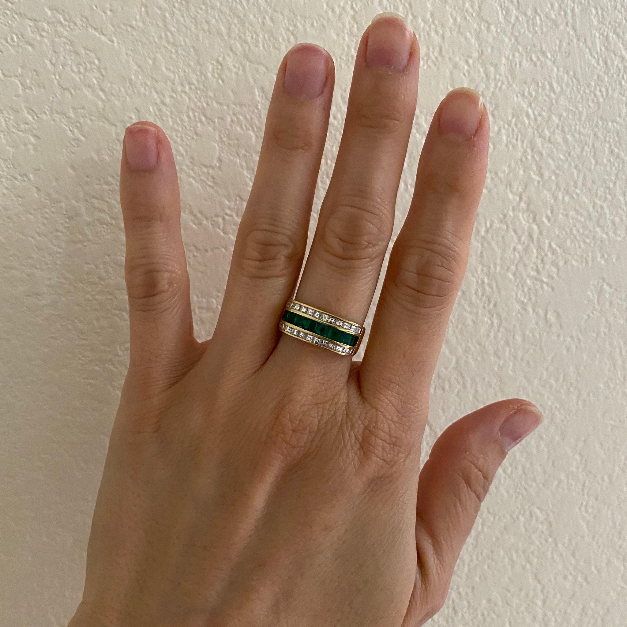 Simply Beautiful 18K Gold Cocktail Band Ring, securely set with 8 Fine high quality square emerald-cut Emeralds, sourced from the legendary Muzo mines, weighing approx. 1.20 total carats and 24 step-cut diamonds weighing approx. 1.50 total carat.