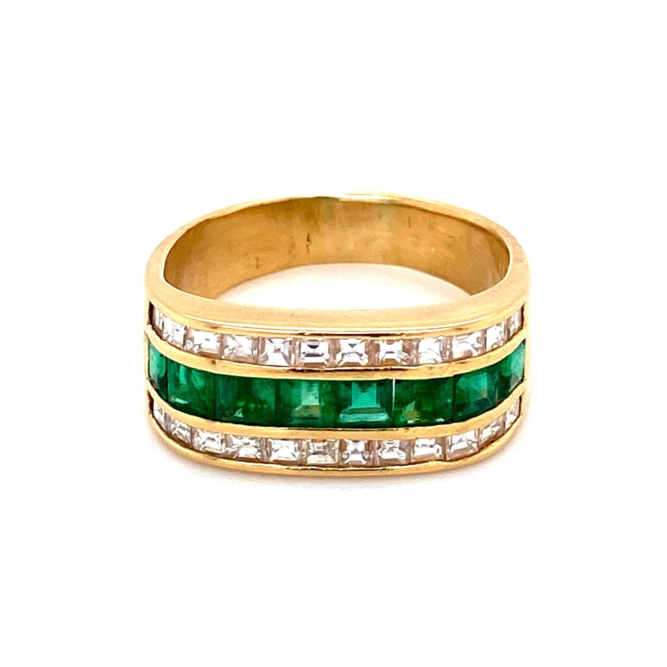 Women's Muzo Emerald and Asscher Cut Diamond Gold Band Cocktail Ring Estate Fine Jewelry