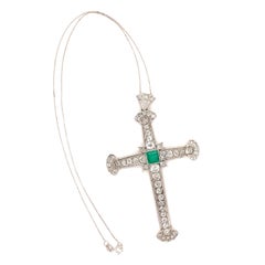 Muzo Emerald and Diamond Platinum Cross Pendant Necklace Estate Fine Jewelry