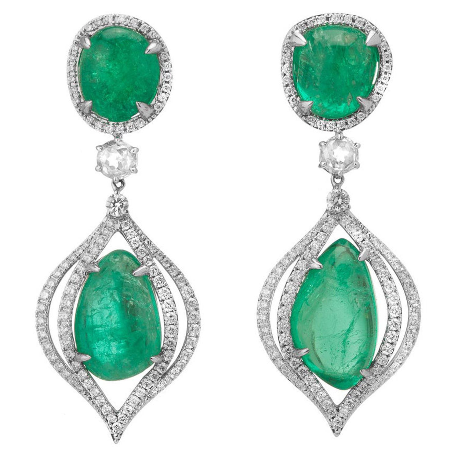 Muzo Emerald Colombia Diamonds 18K White Gold Drop Earrings For Sale