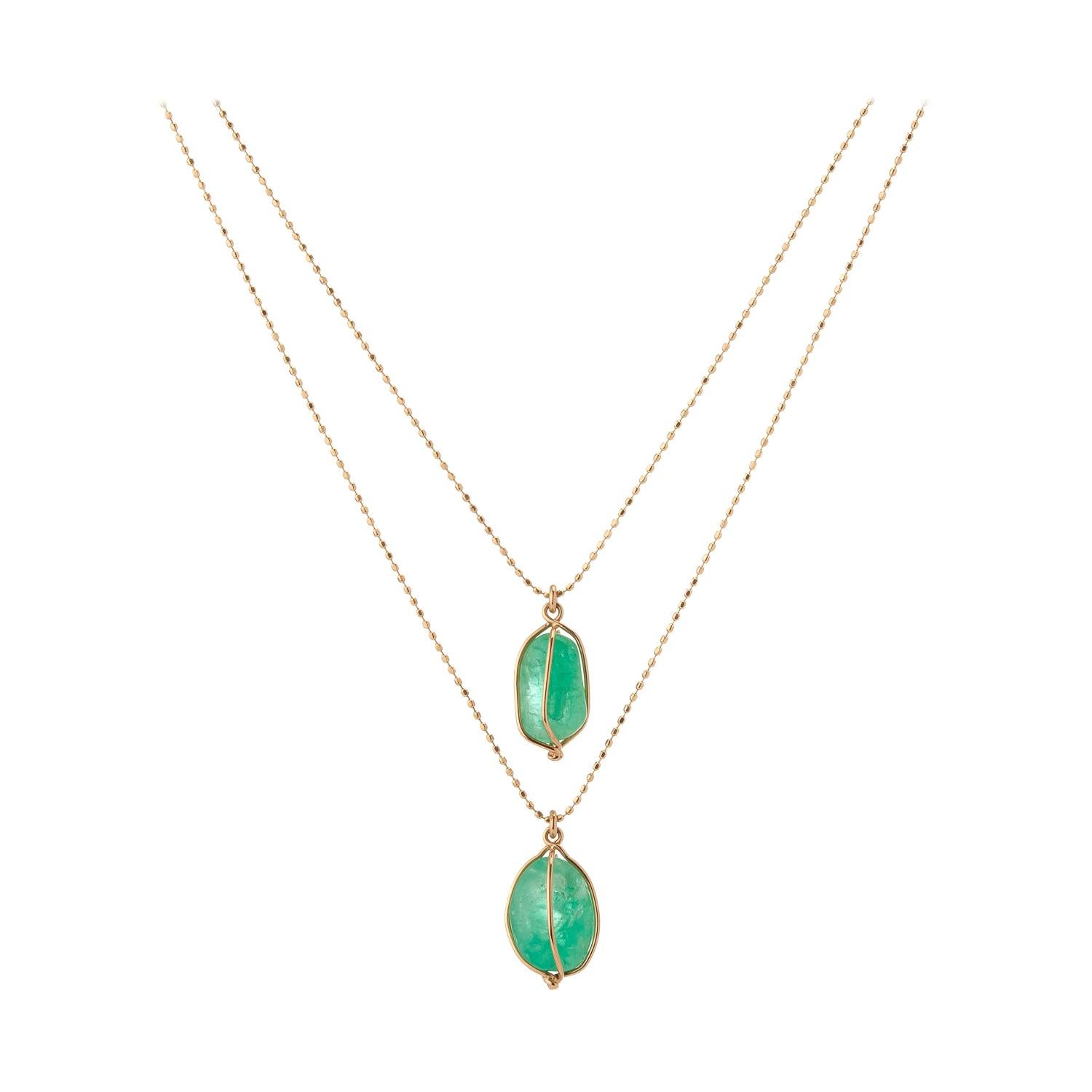 Muzo Emerald Colombia Contemporary Double Layered 18K Yellow Gold Necklace