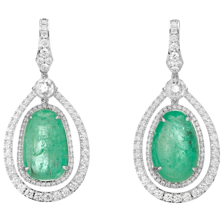 Muzo Emerald Colombia Single Halo Round Diamonds 18K White Gold Drop Earrings For Sale