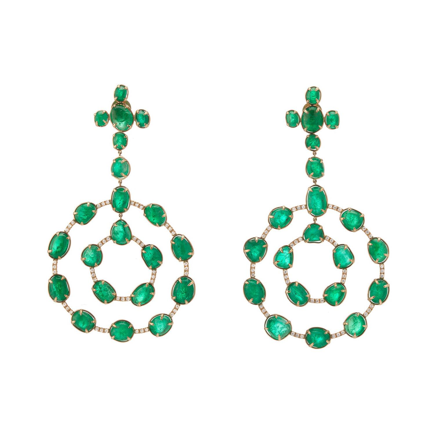 Statement Muzo Emerald Colombia Earrings Pave Diamonds 18K Yellow Gold For Sale