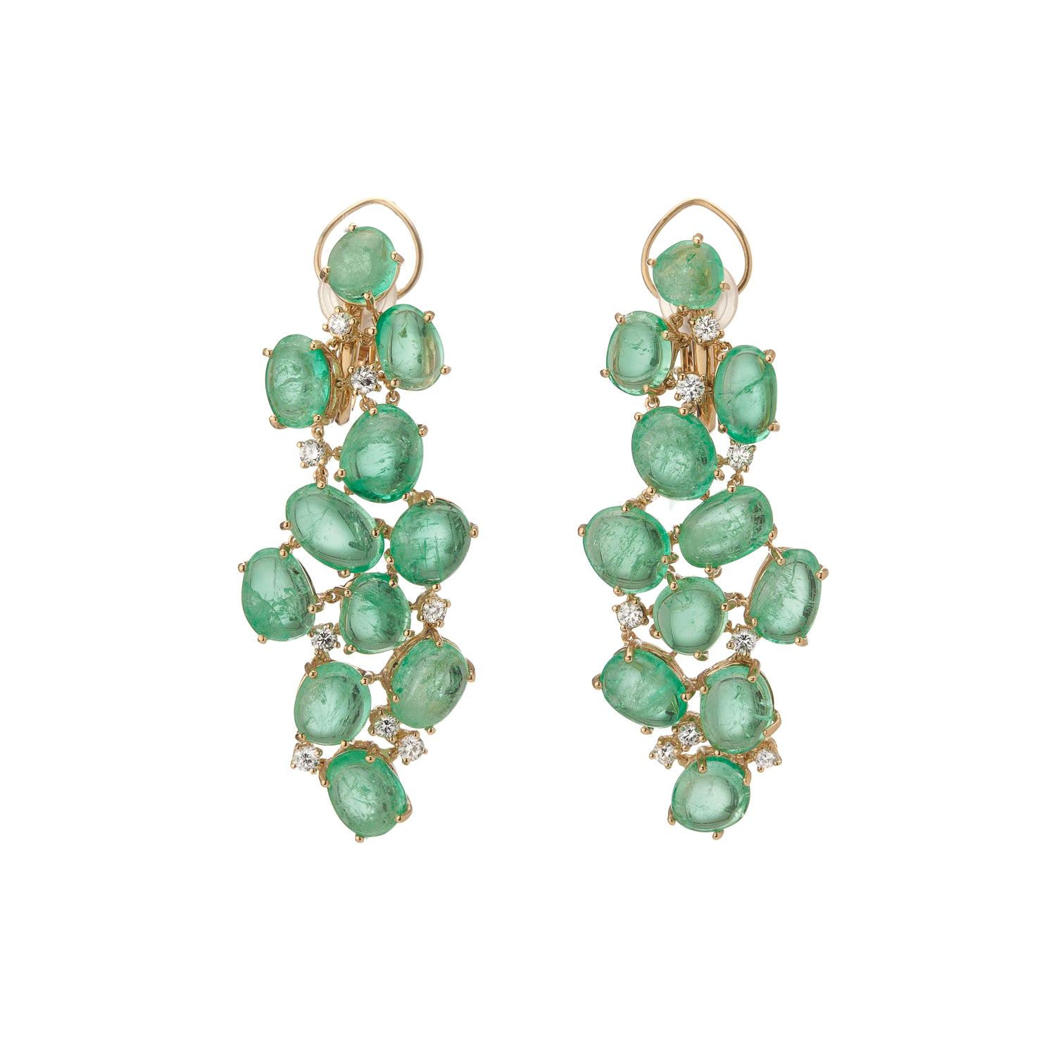 Muzo Emerald Colombia Diamonds 18K Yellow Gold Baroque Chandelier Earrings For Sale