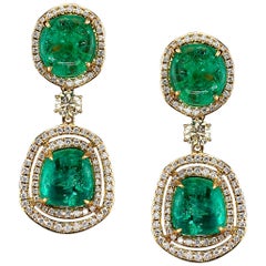 Muzo Emerald Colombia Diamonds Art Deco Style 18K Yellow Gold Dangle Earrings