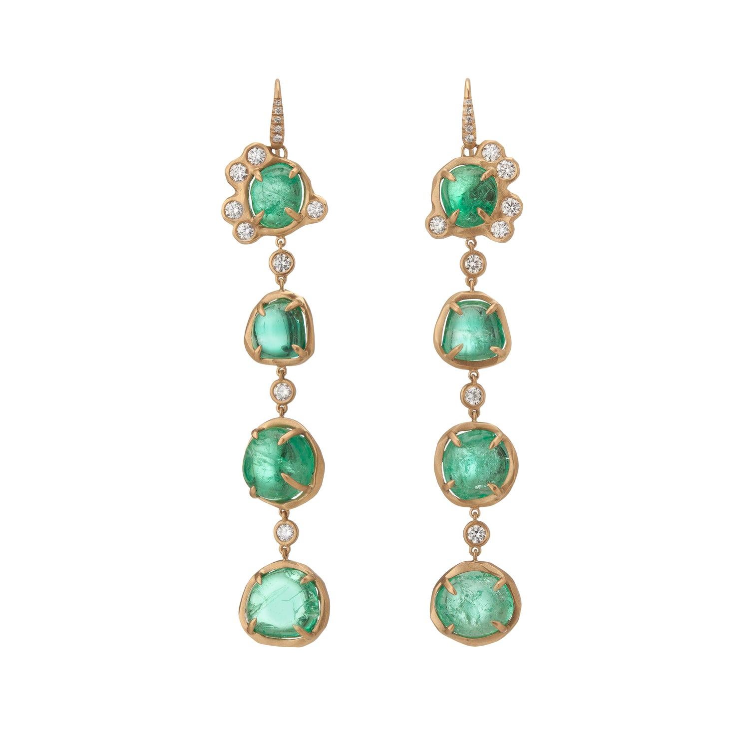 Muzo Emerald Colombia Emerald Diamonds 18K Yellow Gold Drop Earrings For Sale