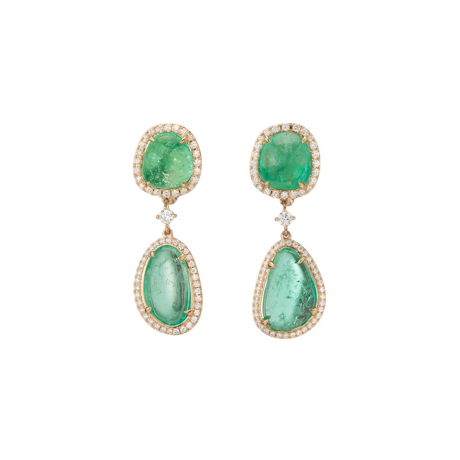Muzo Emerald Colombia Emerald Diamonds 18 Karat Yellow Gold Drop Earrings For Sale