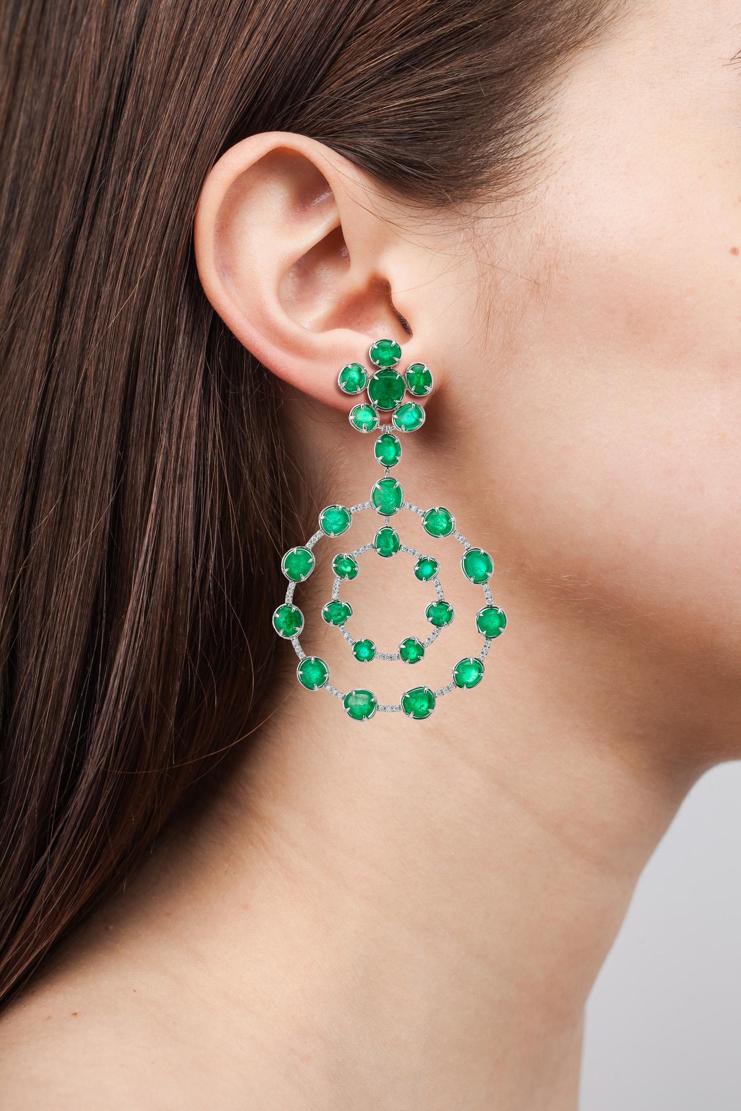 Contemporary Statement Muzo Emerald Colombia Earrings Diamond Pave  For Sale
