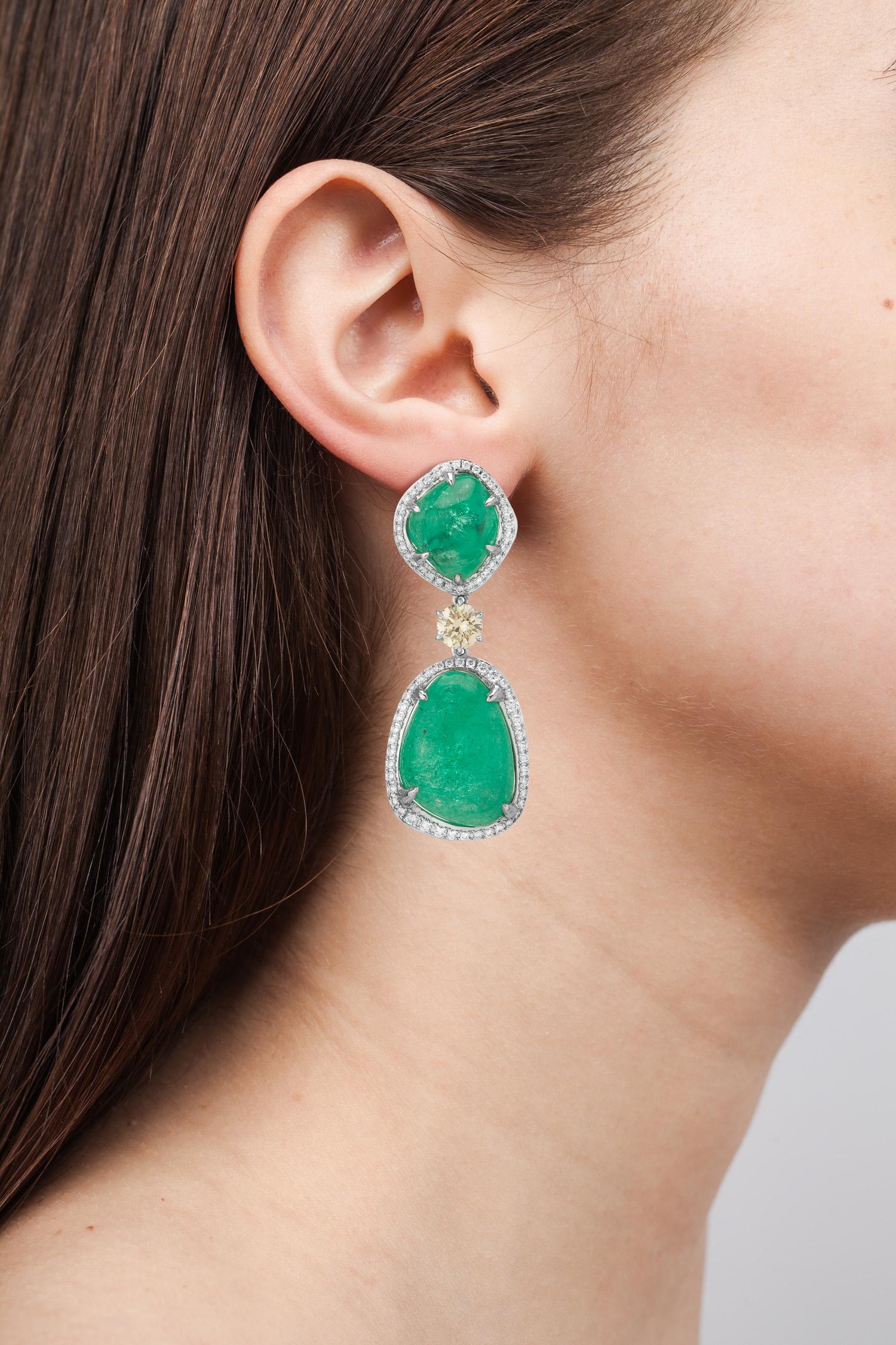 Contemporary Drop Earrings Muzo Emerald Colombia Diamonds 18K White Gold