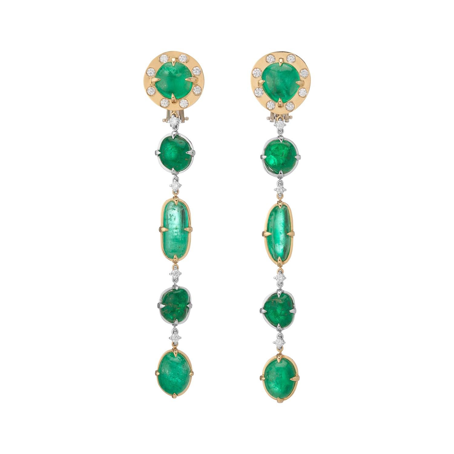 Muzo Emerald Colombia Diamonds 18K Yellow and White Gold Dangle Earrings For Sale