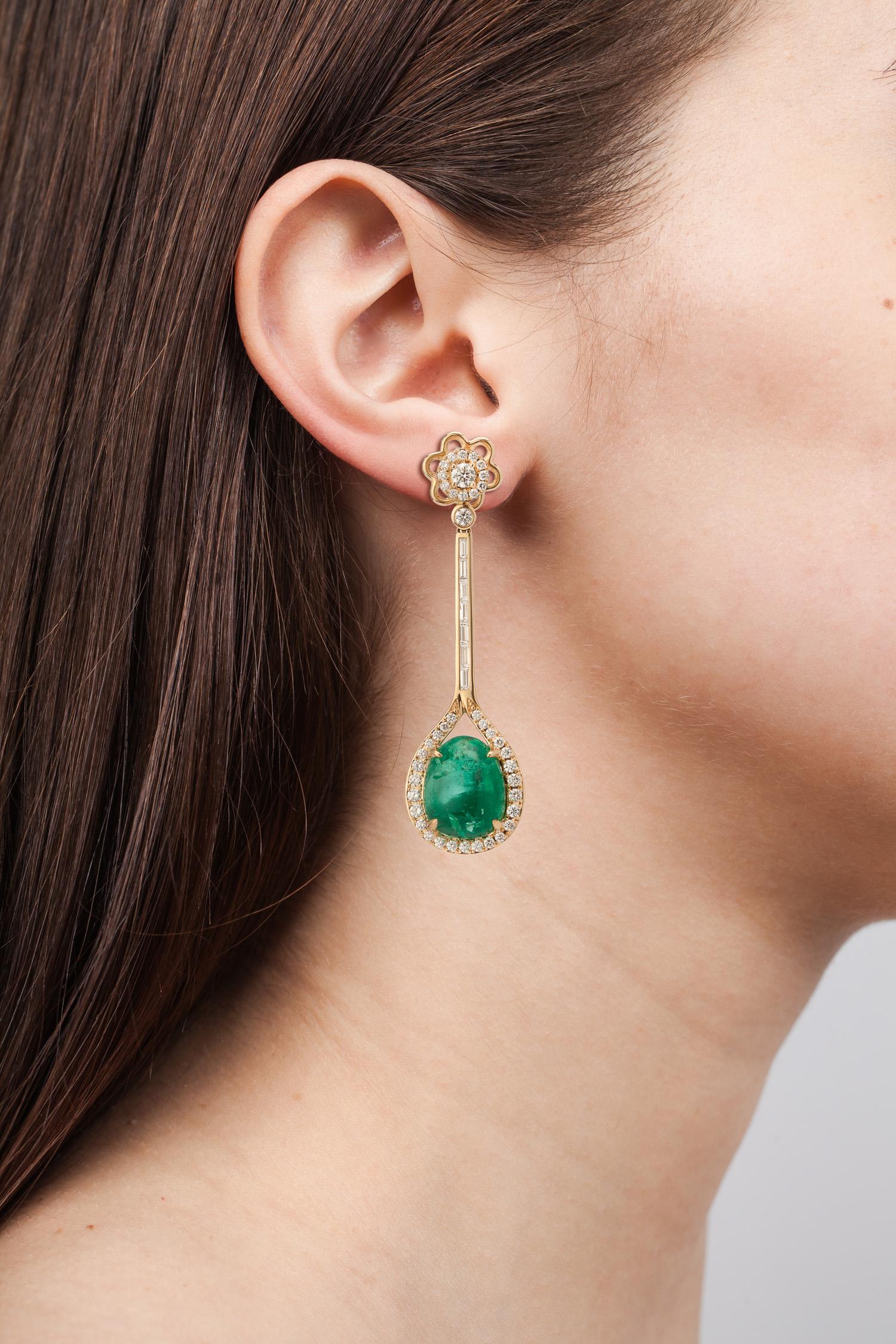 Round Cut Muzo Emerald Colombia Diamonds Art Deco Style 18K Yellow Gold Dangle Earrings