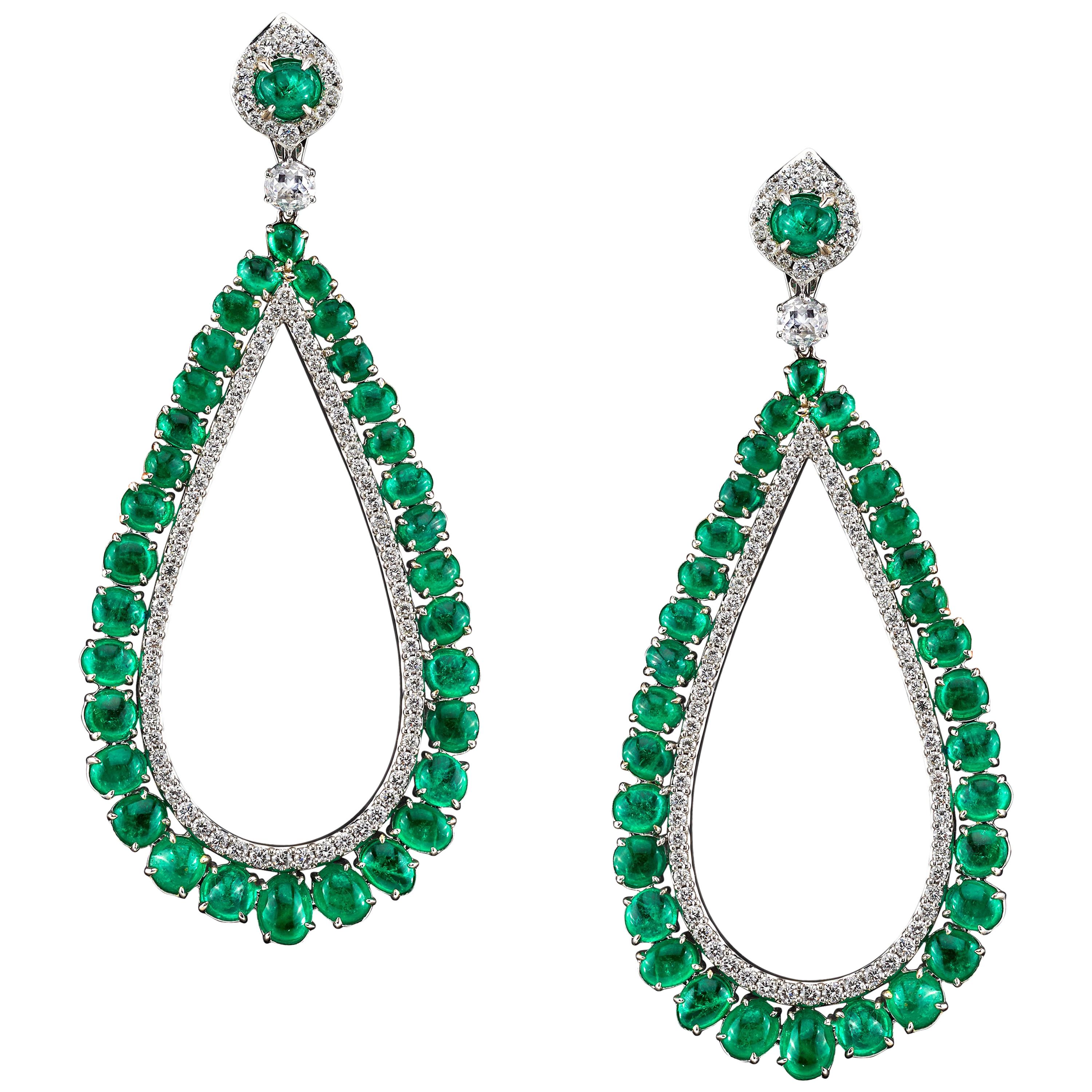 Muzo Emerald Colombia Diamonds 18K White Gold Modern Chandelier Earrings For Sale