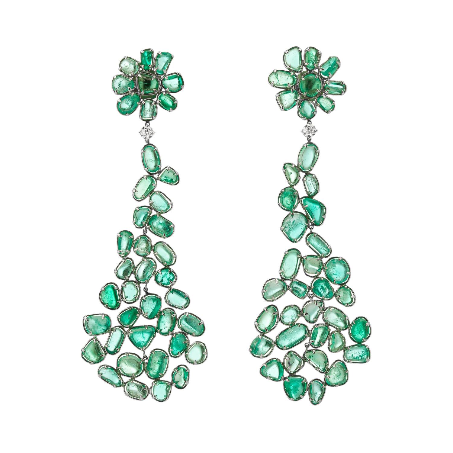 Muzo Emerald Colombia Diamonds 18K White Gold Dangle Earrings Baroque Style For Sale