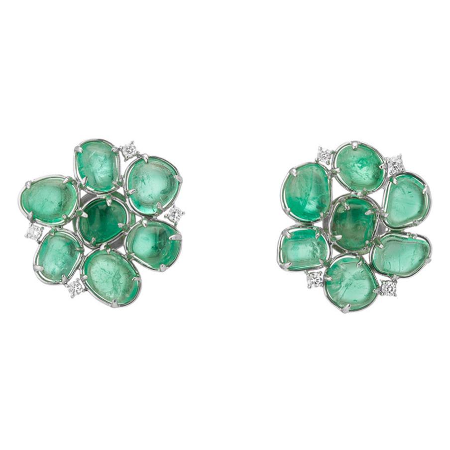 Muzo Emerald Colombia Flower Motif Stud Earrings Diamonds 18K White Gold For Sale