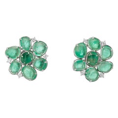 Muzo Emerald Colombia Flower Motif Stud Earrings Diamonds 18K White Gold