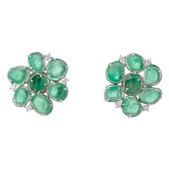 Muzo Emerald Colombia Flower Motif Stud Earrings Diamonds 18K White Gold