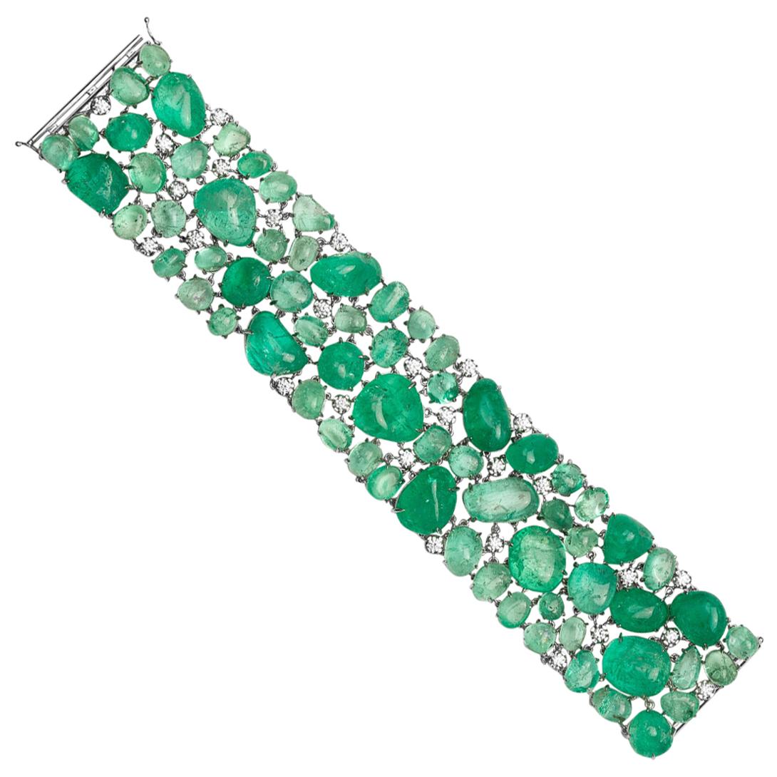 Muzo Emerald Colombia Diamonds 18K White Gold Classic Cuff Bracelet For Sale