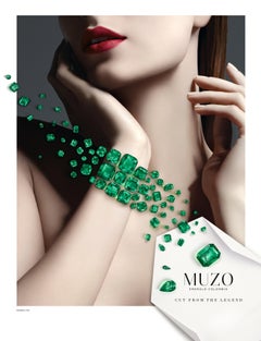 Muzo Emerald Colombia Classic 3 rangs de diamants Bracelet manchette en or blanc 18K