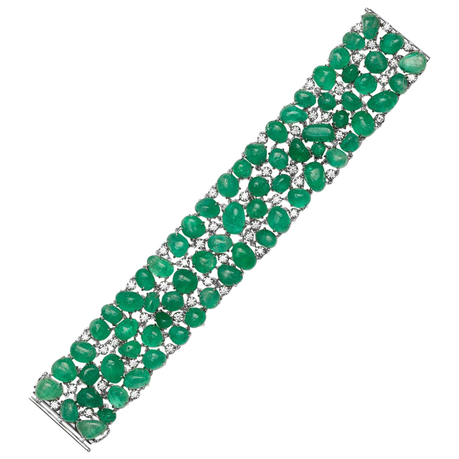Muzo Emerald Colombia Classic 3 Row Diamonds 18K White Gold Cuff Bracelet For Sale