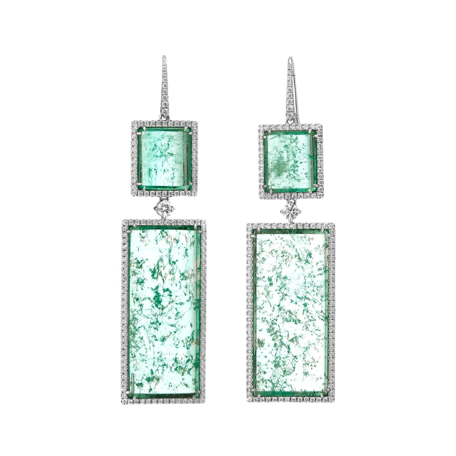 Muzo Emerald Colombia White Diamonds 18K White Gold Drop Earrings For Sale