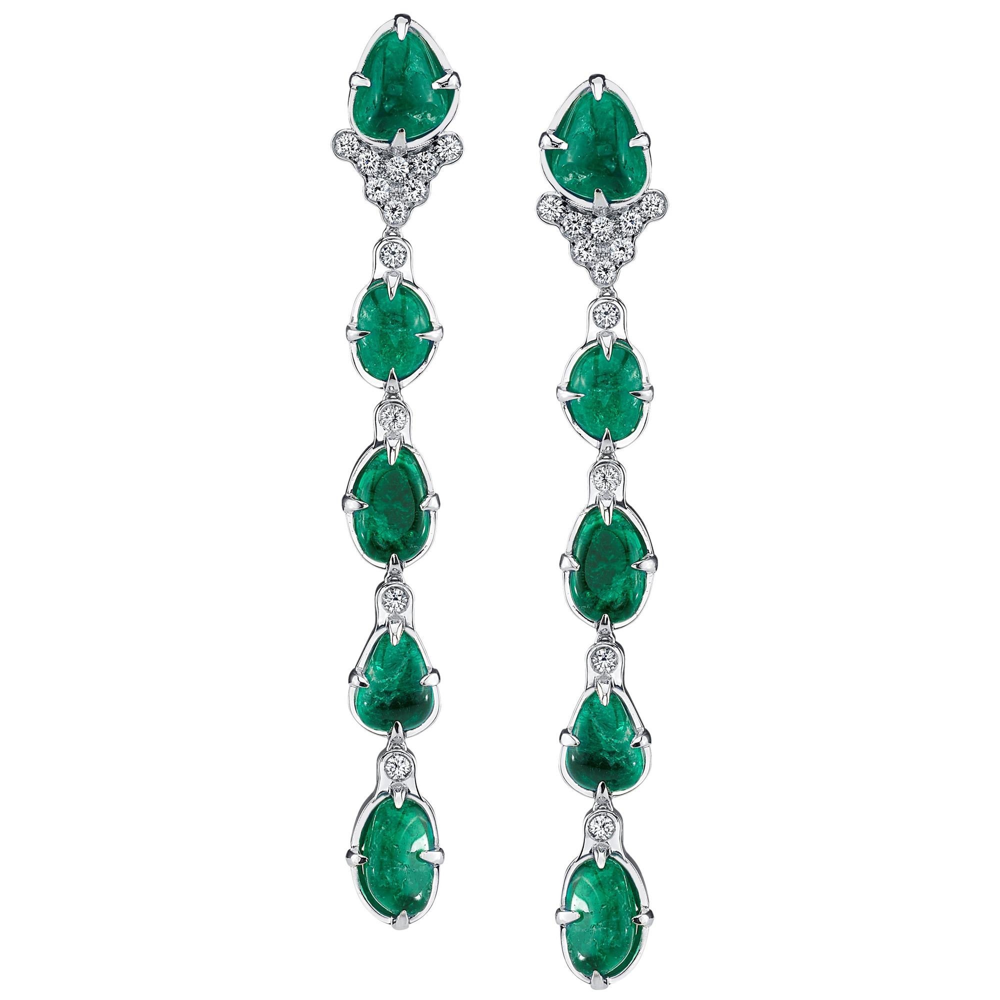 Muzo Emerald Colombia Diamonds 18K White Gold Long Drop Claw Earrings For Sale