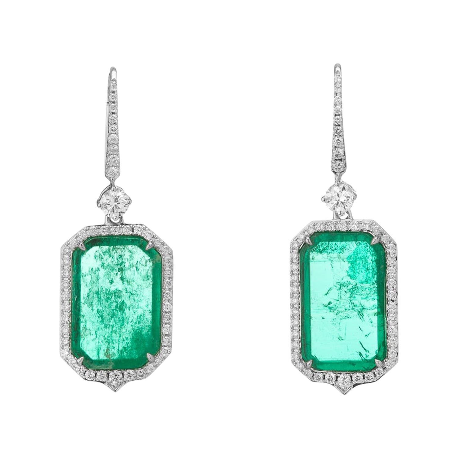 Muzo Emerald Colombia Diamonds 18K White Gold Classic Art Deco Drop Earrings