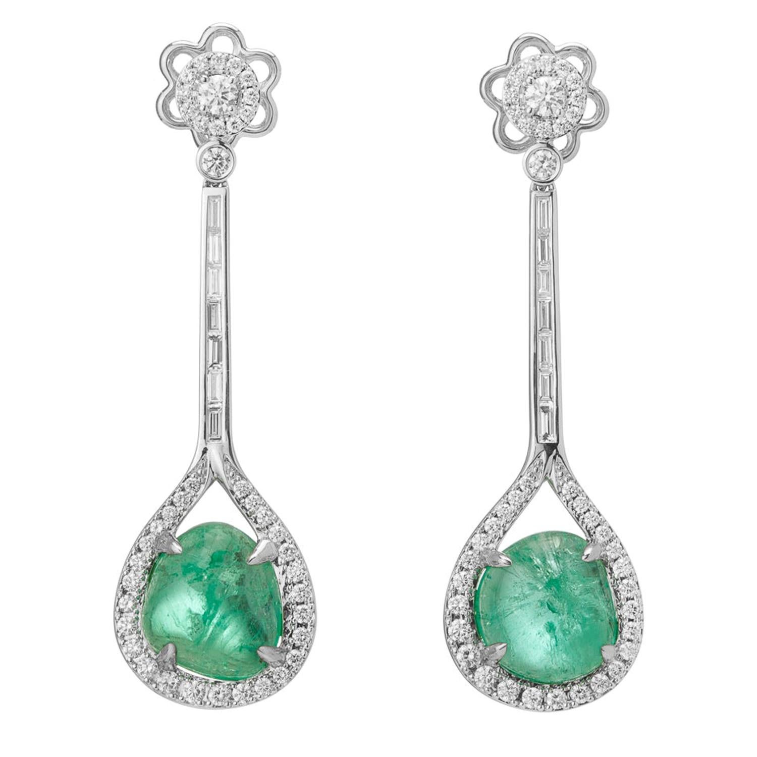 Muzo Emerald Colombia Emerald White Diamonds 18 Karat White Gold Drop Earrings For Sale