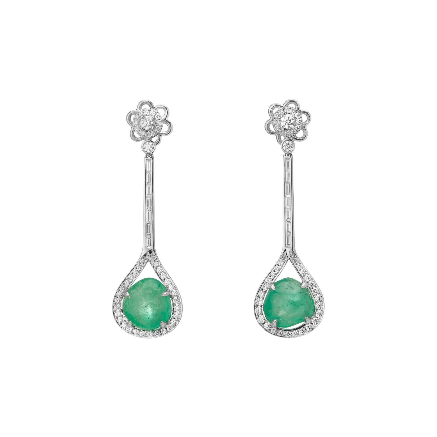 Muzo Emerald Colombia Diamonds Art Deco Style 18K White Gold Earrings For Sale