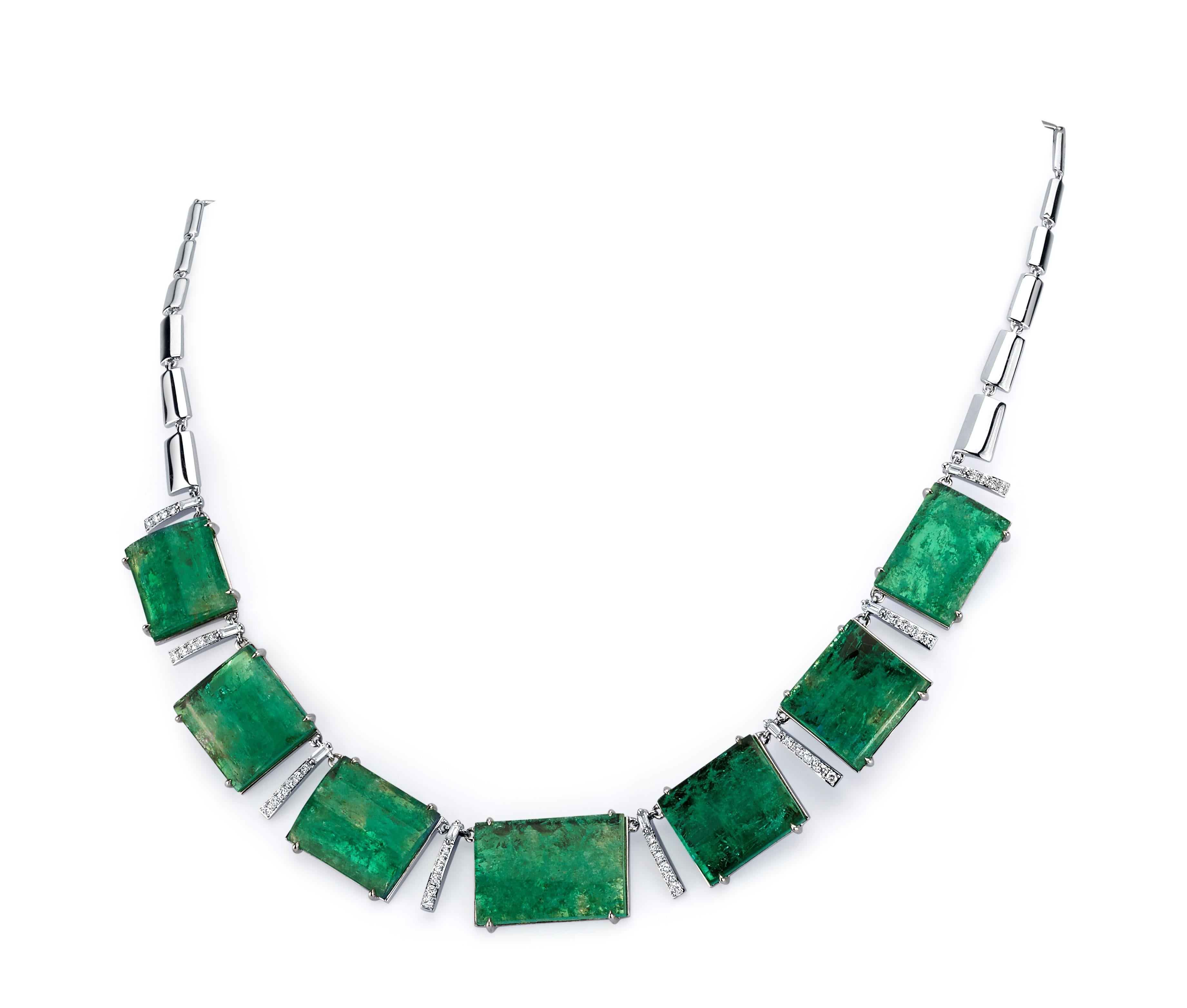 One of a kind Art Deco Style necklace set with 69.53 carats Muzo Colombian emeralds accented by diamonds weighing 0.86 carats

Muzo Emerald Colombia Heritage Atocha Necklace set with 69.53 carats Emerald

Atocha is inspired by a collection of