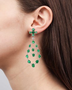 Statement Muzo Emerald Colombia Chandelier Earrings Diamond Pave 18K White Gold