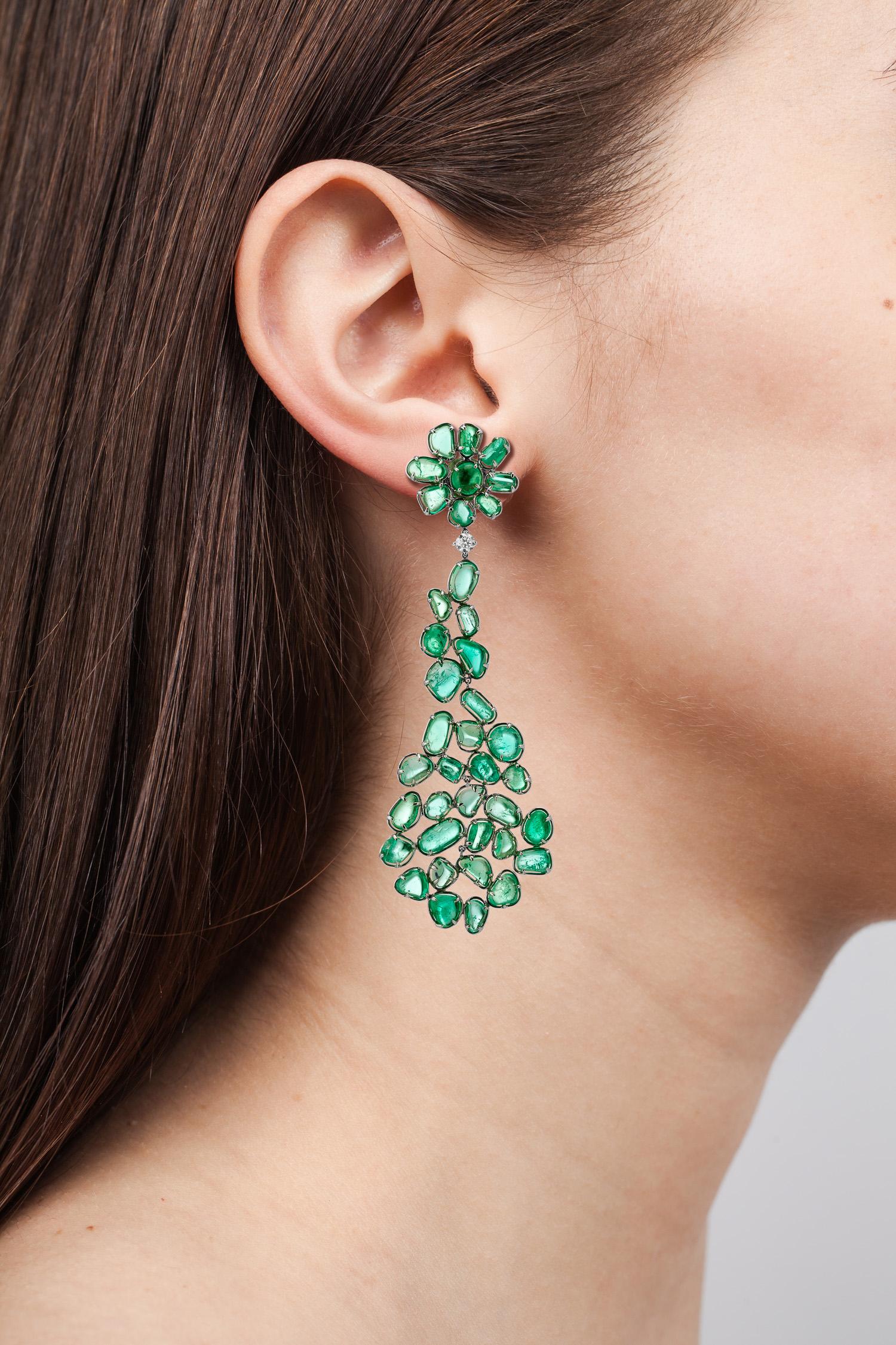 Round Cut Muzo Emerald Colombia Diamonds 18K White Gold Dangle Earrings Baroque Style For Sale
