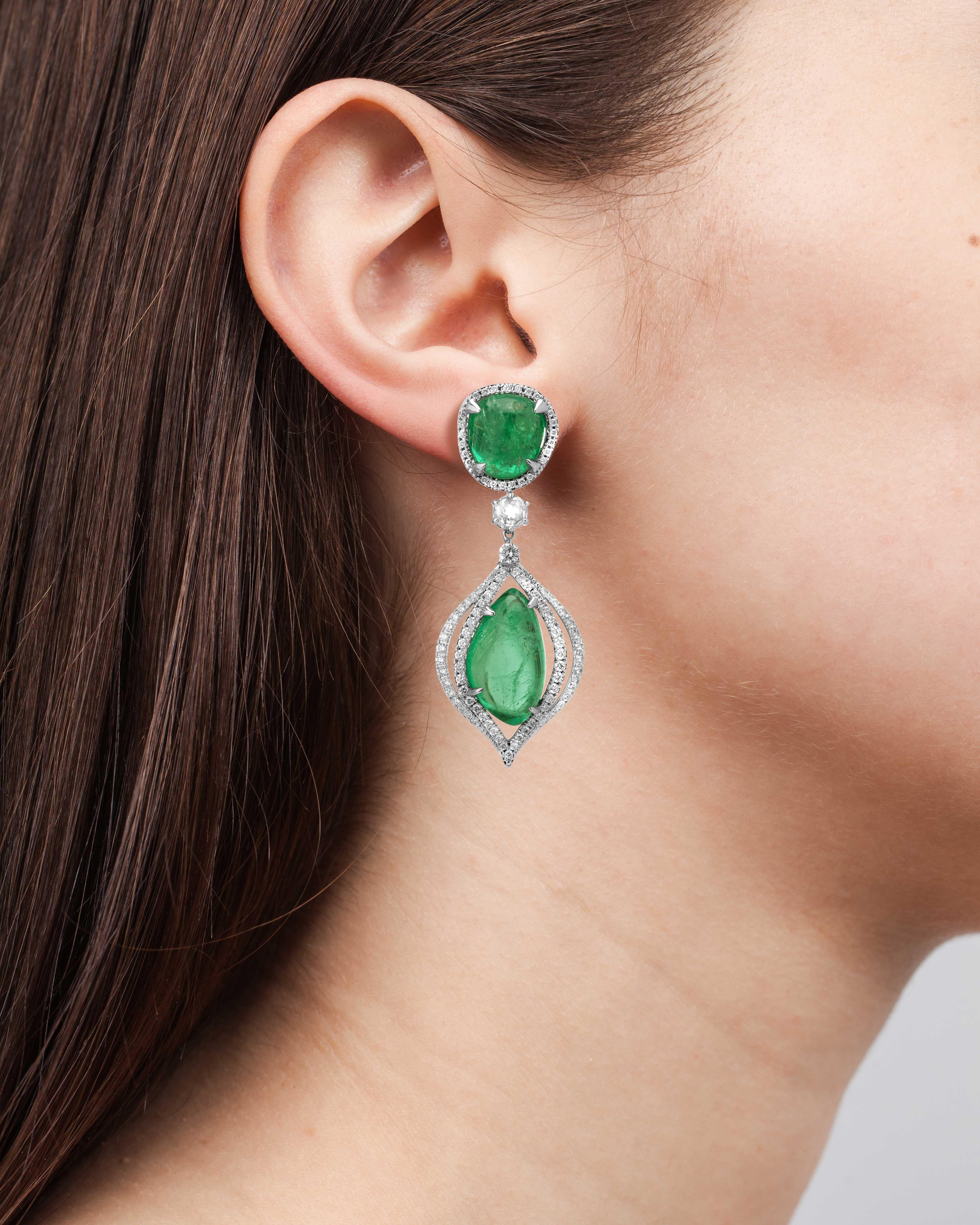 Contemporary Muzo Emerald Colombia Diamonds 18K White Gold Drop Earrings For Sale