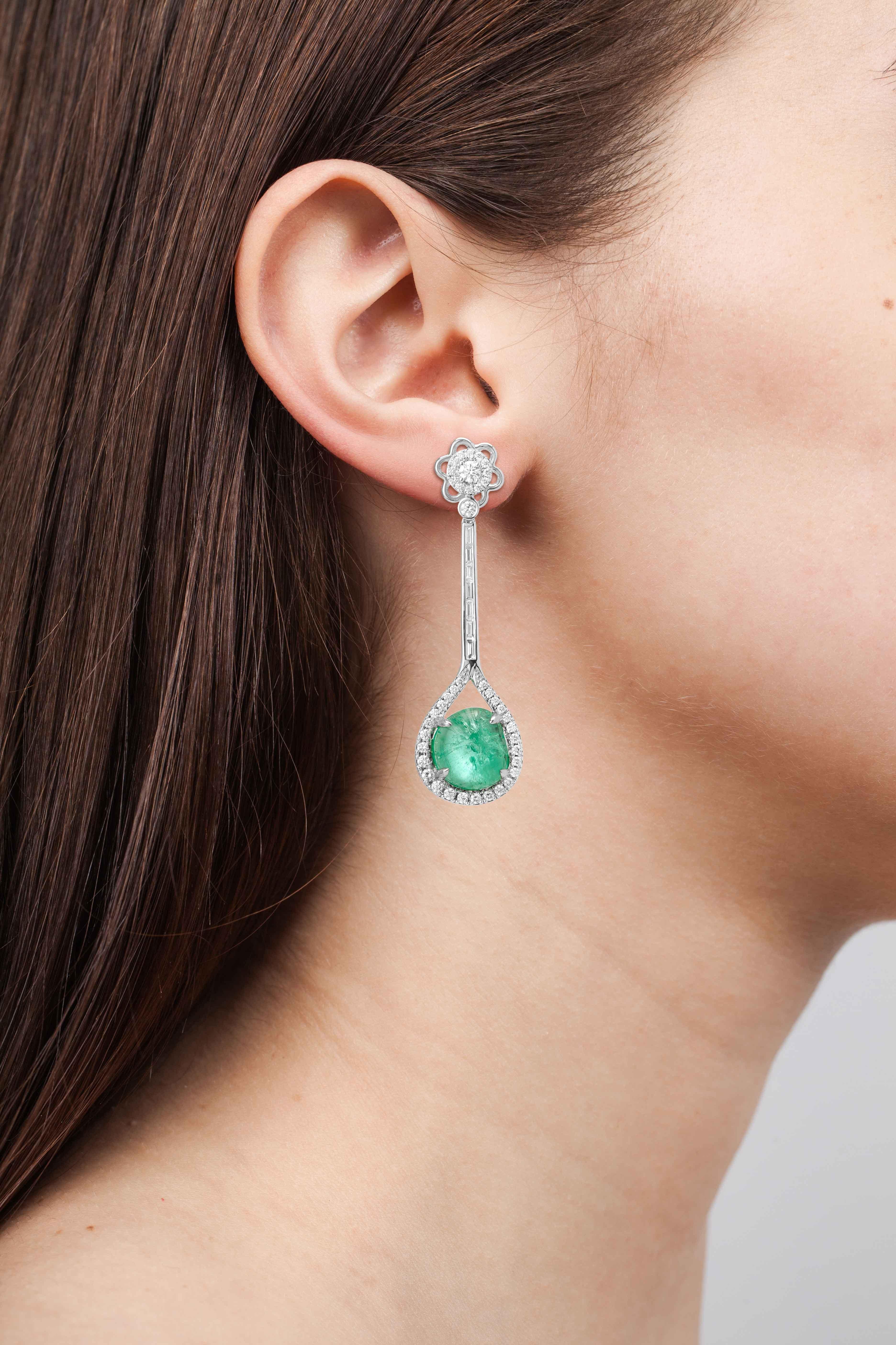 Tumbled Muzo Emerald Colombia Emerald White Diamonds 18 Karat White Gold Drop Earrings For Sale