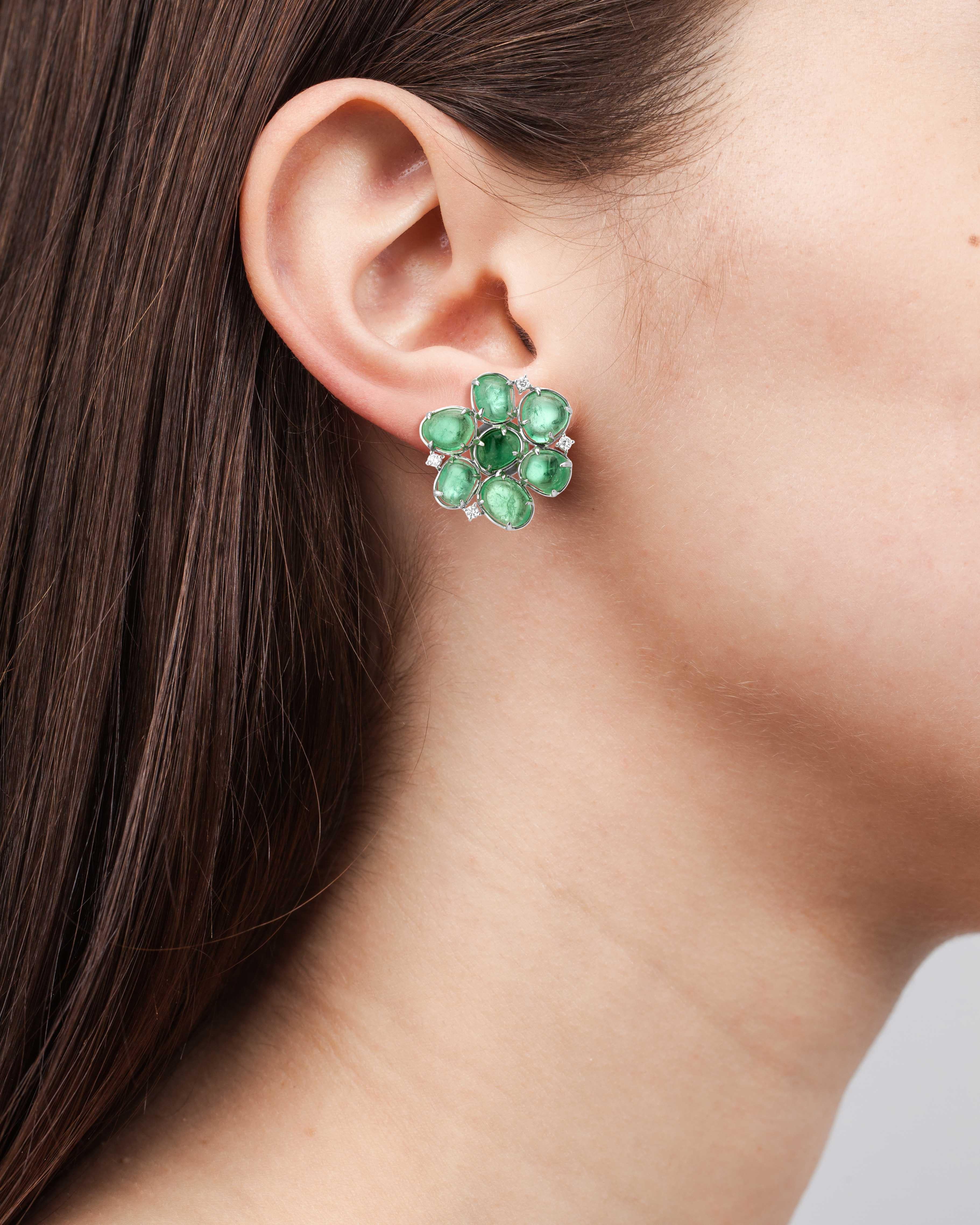 Contemporary Muzo Emerald Colombia Flower Motif Stud Earrings Diamonds 18K White Gold For Sale