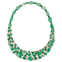 Muzo Emerald Colombia Emerald Yellow Diamonds 18K Yellow Gold Choker Necklace