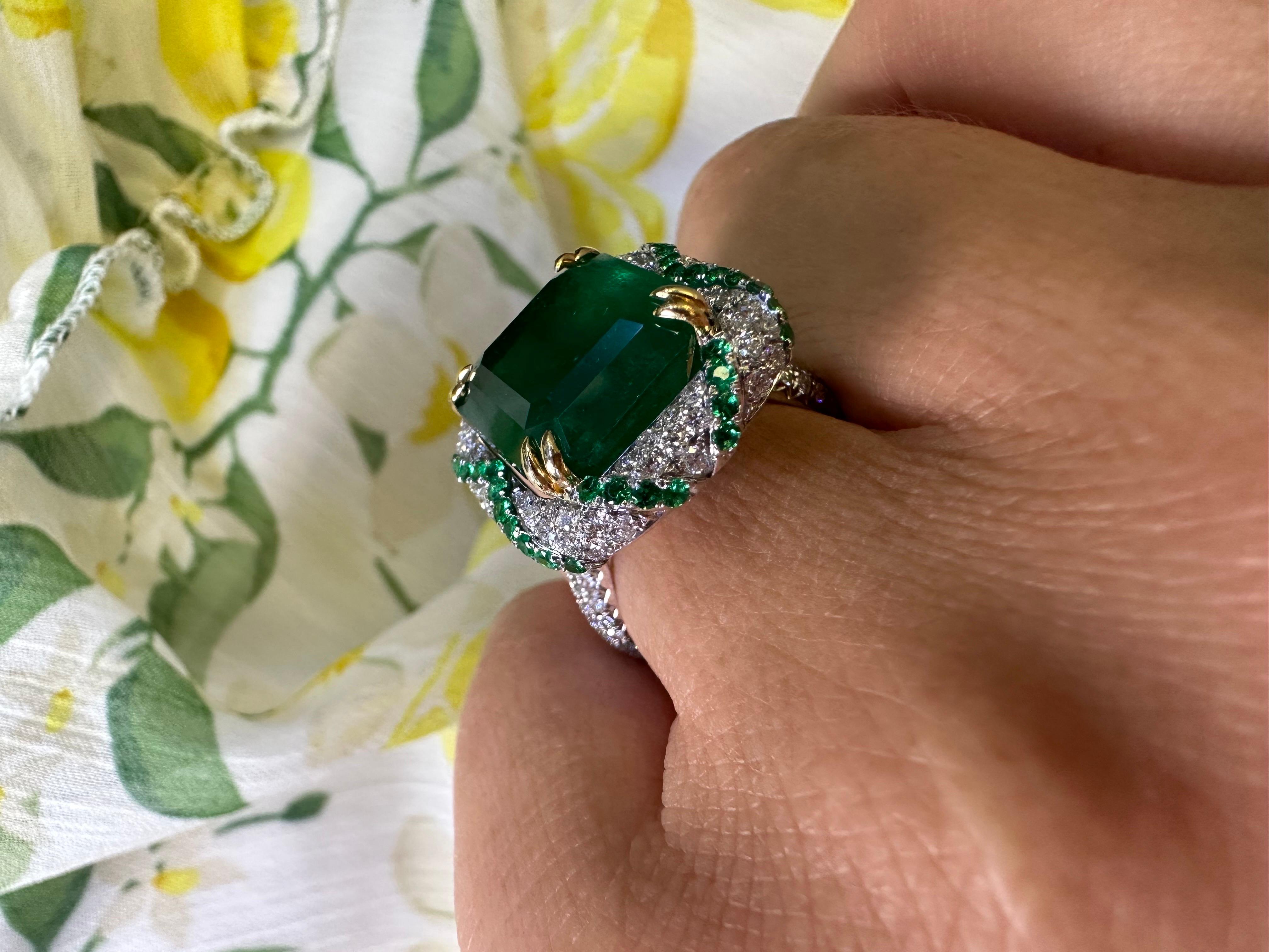 Emerald Cut Muzo Emerald diamond ring 18KT RARE GRS certified Muzo green For Sale