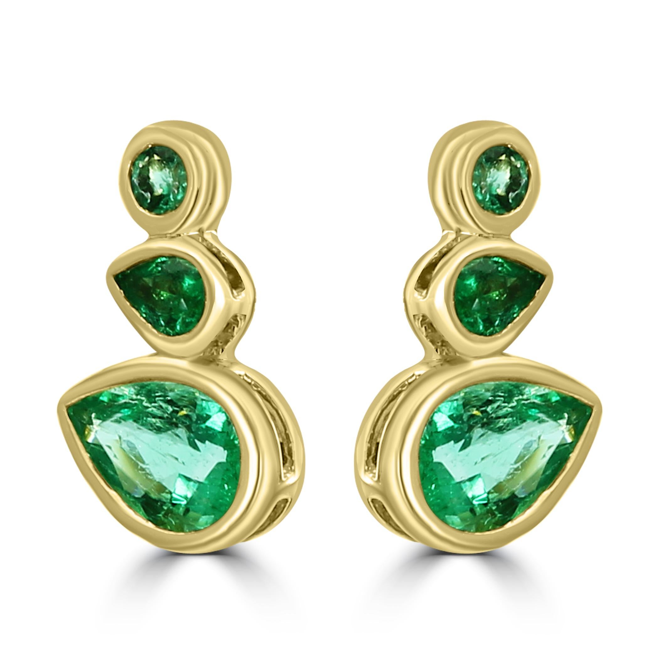 Feel the power & beauty of nature with our Muzo-Emerald bezel-set earrings. The term Muzo is used for these Emeralds since their found in the Muzo mine in Bogota, Colombia. These earrings feature four captivating Muzo-Emerald Pears, weighing a total