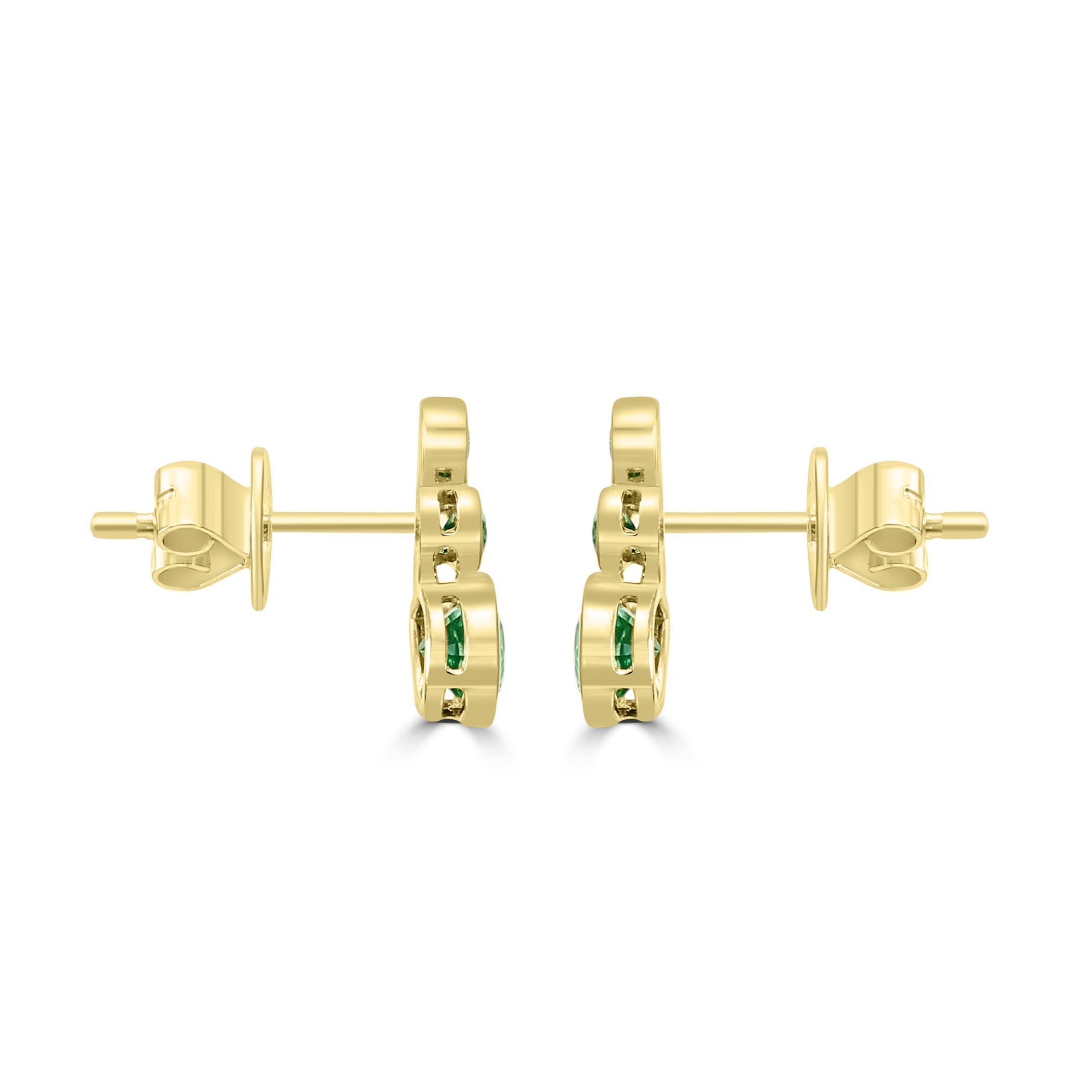 Modern Muzo-Emerald Pear & Round 14K Yellow Gold Fancy Fashion Stud Bezel Set Earring For Sale