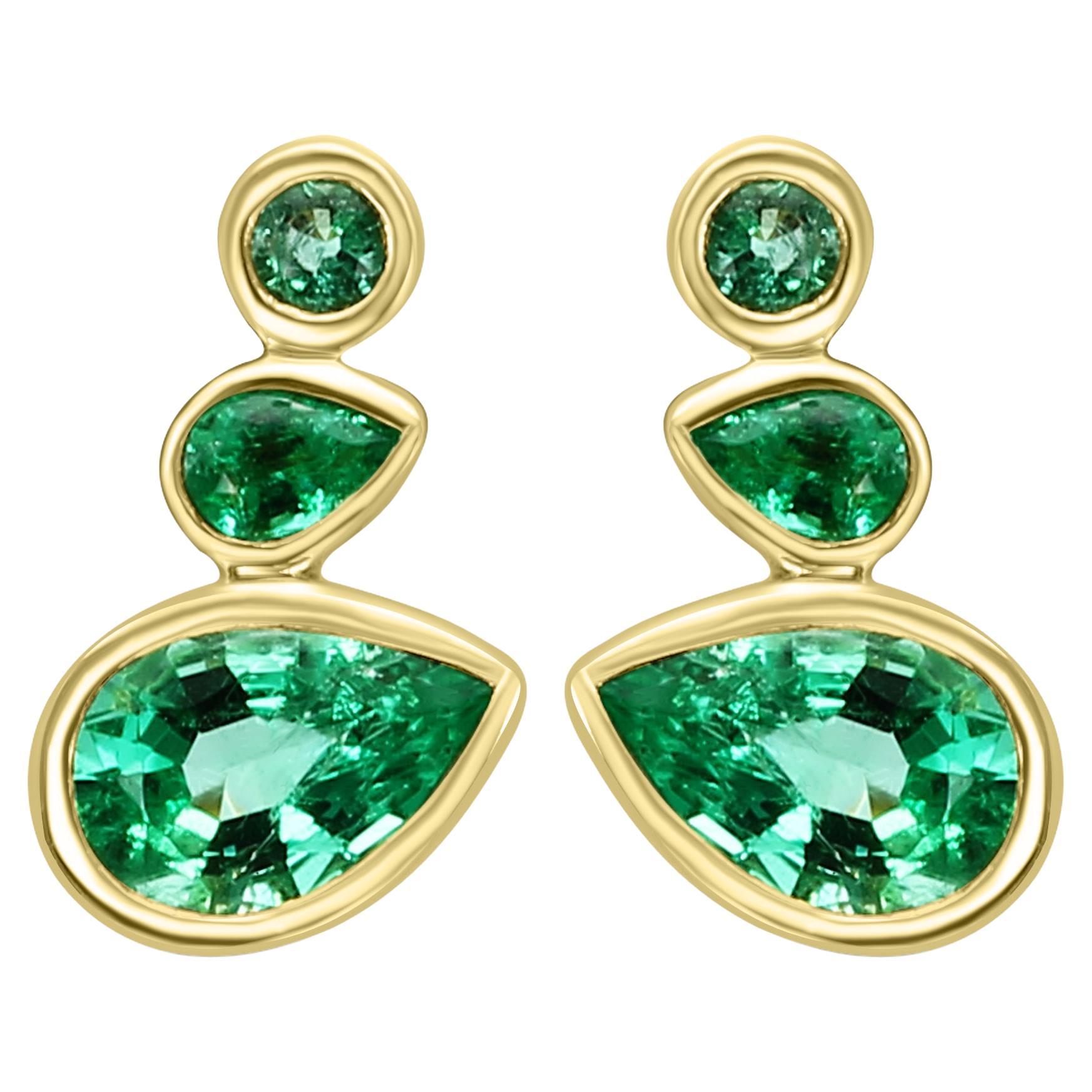 Muzo-Emerald Pear & Round 14K Yellow Gold Fancy Fashion Stud Bezel Set Earring For Sale