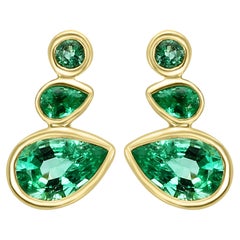 Muzo-Emerald Pear & Round 14K Yellow Gold Fancy Fashion Stud Bezel Set Earring