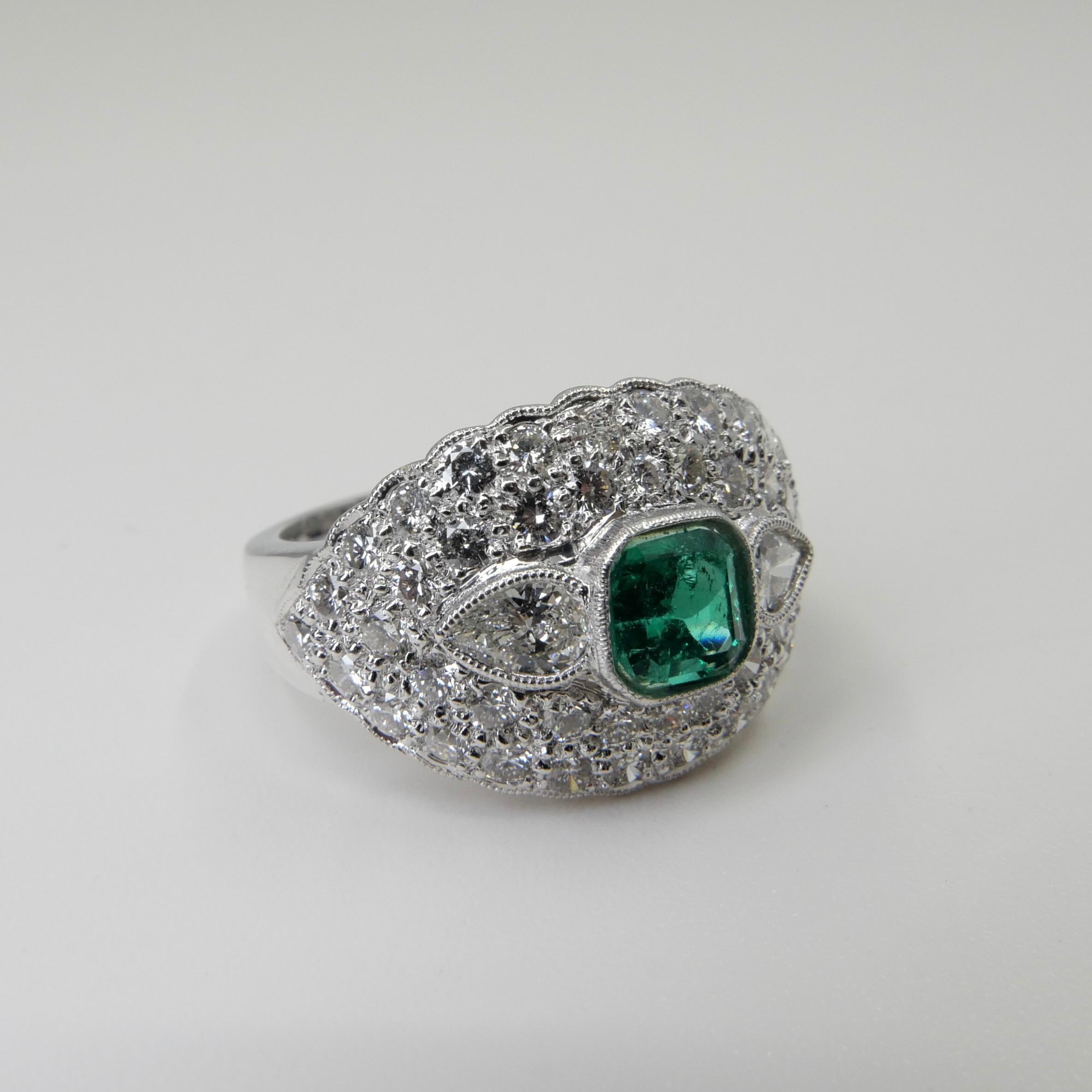 Muzo Green Emerald & Diamond Ring, Vivid Green and Transparent For Sale 3