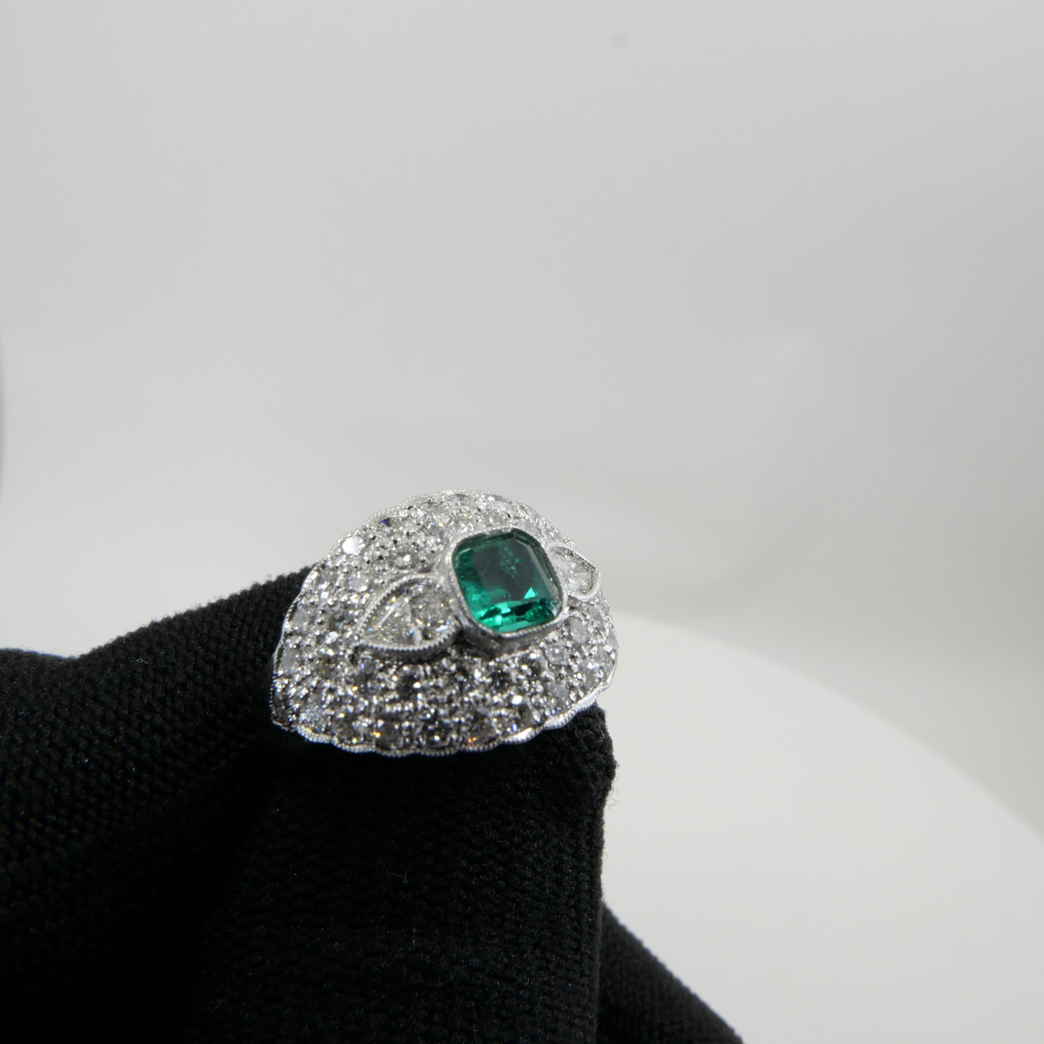 Muzo Green Emerald & Diamond Ring, Vivid Green and Transparent For Sale 4