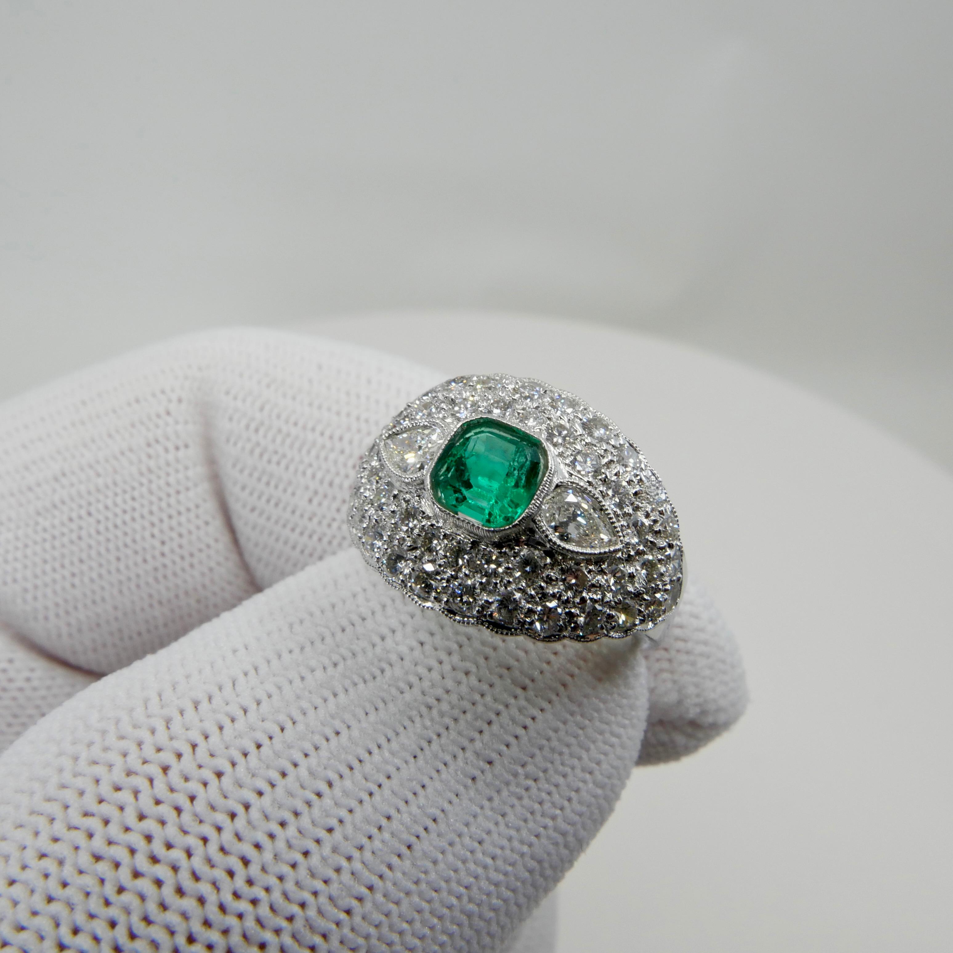 Muzo Green Emerald & Diamond Ring, Vivid Green and Transparent For Sale 9