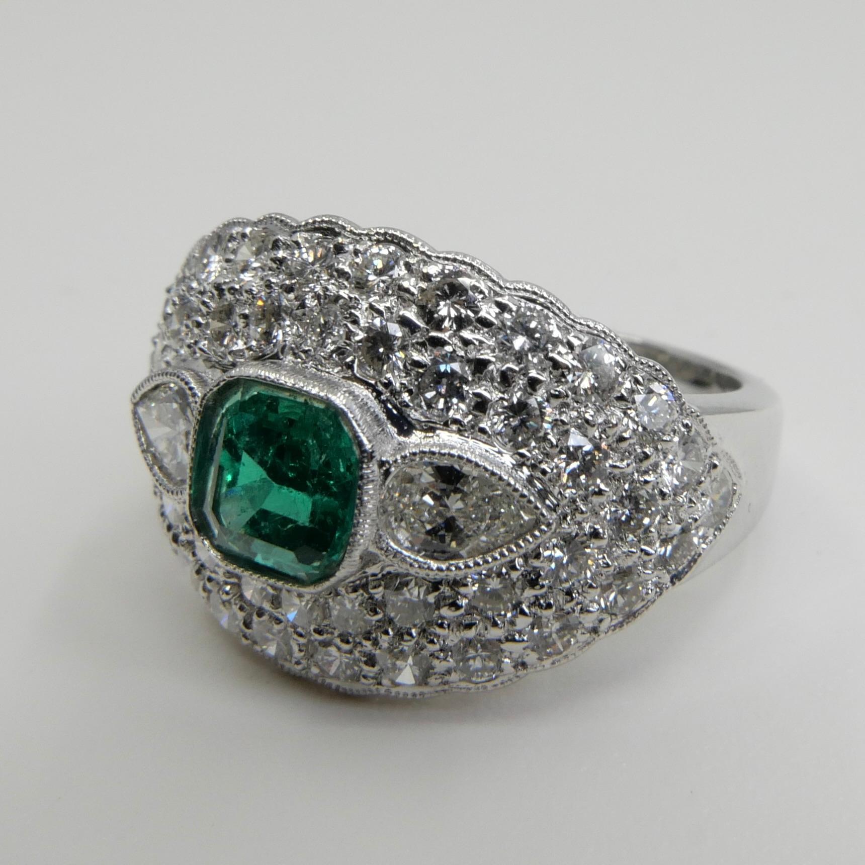 Muzo Green Emerald & Diamond Ring, Vivid Green and Transparent For Sale 11