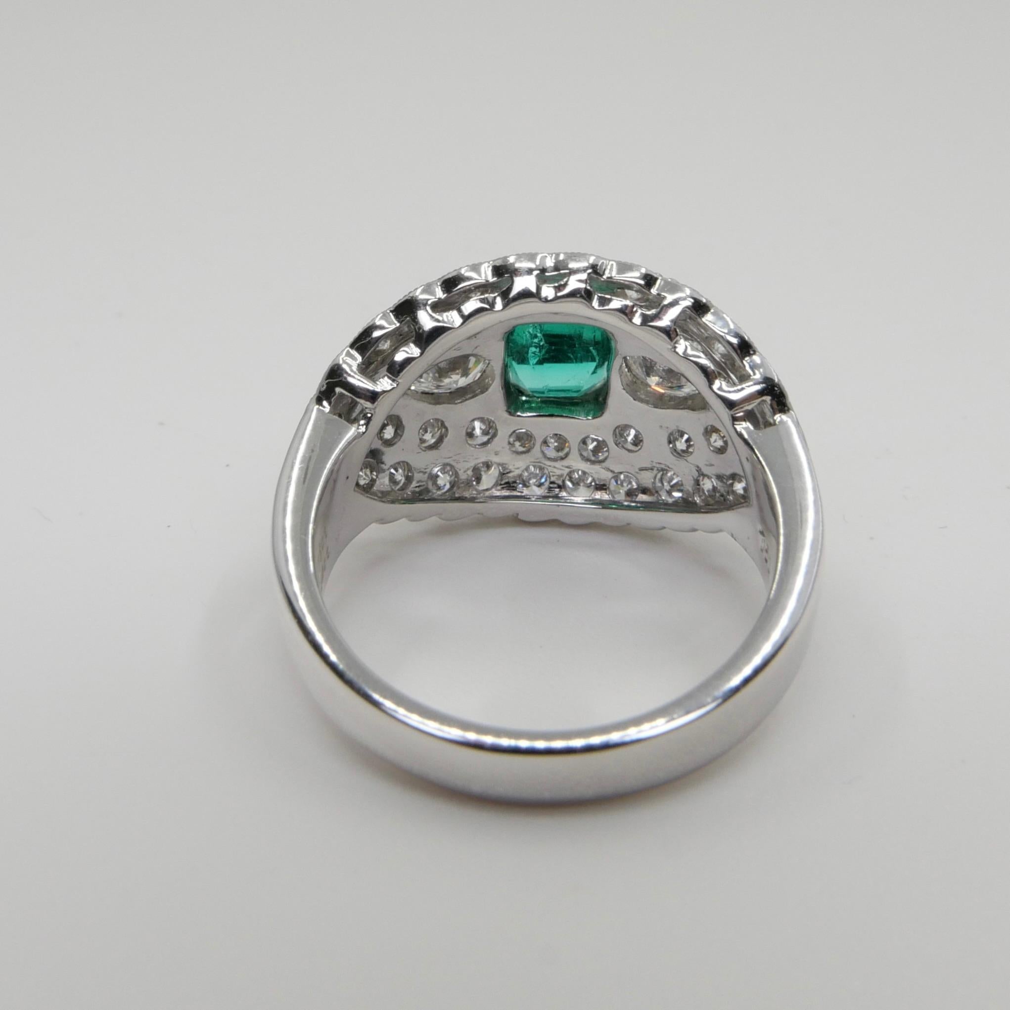 Cushion Cut Muzo Green Emerald & Diamond Ring, Vivid Green and Transparent For Sale