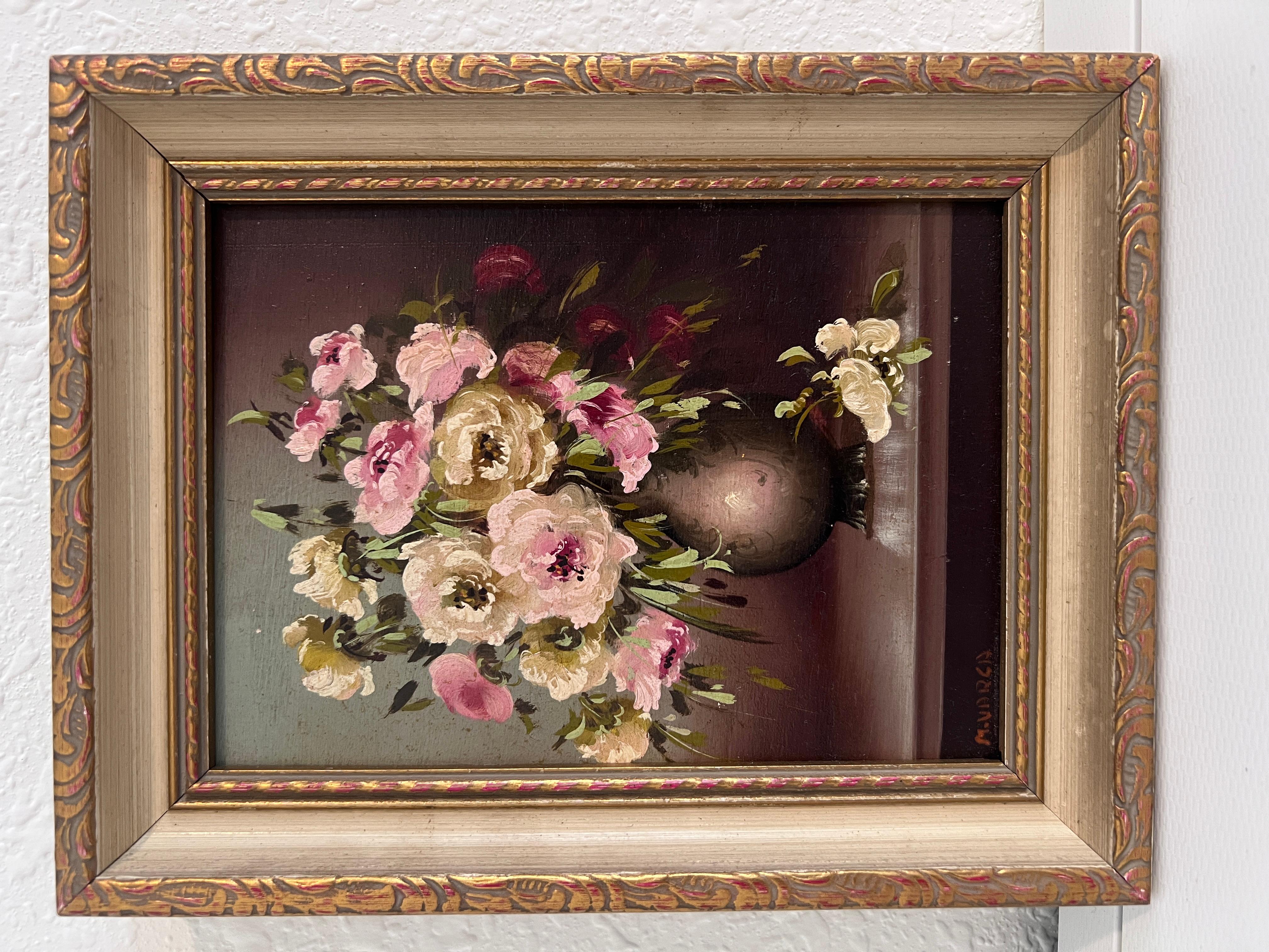 A&M. Petite peinture à l'huile vintage sur panneau, nature morte, fleurs, encadrée - Painting de M.Varga
