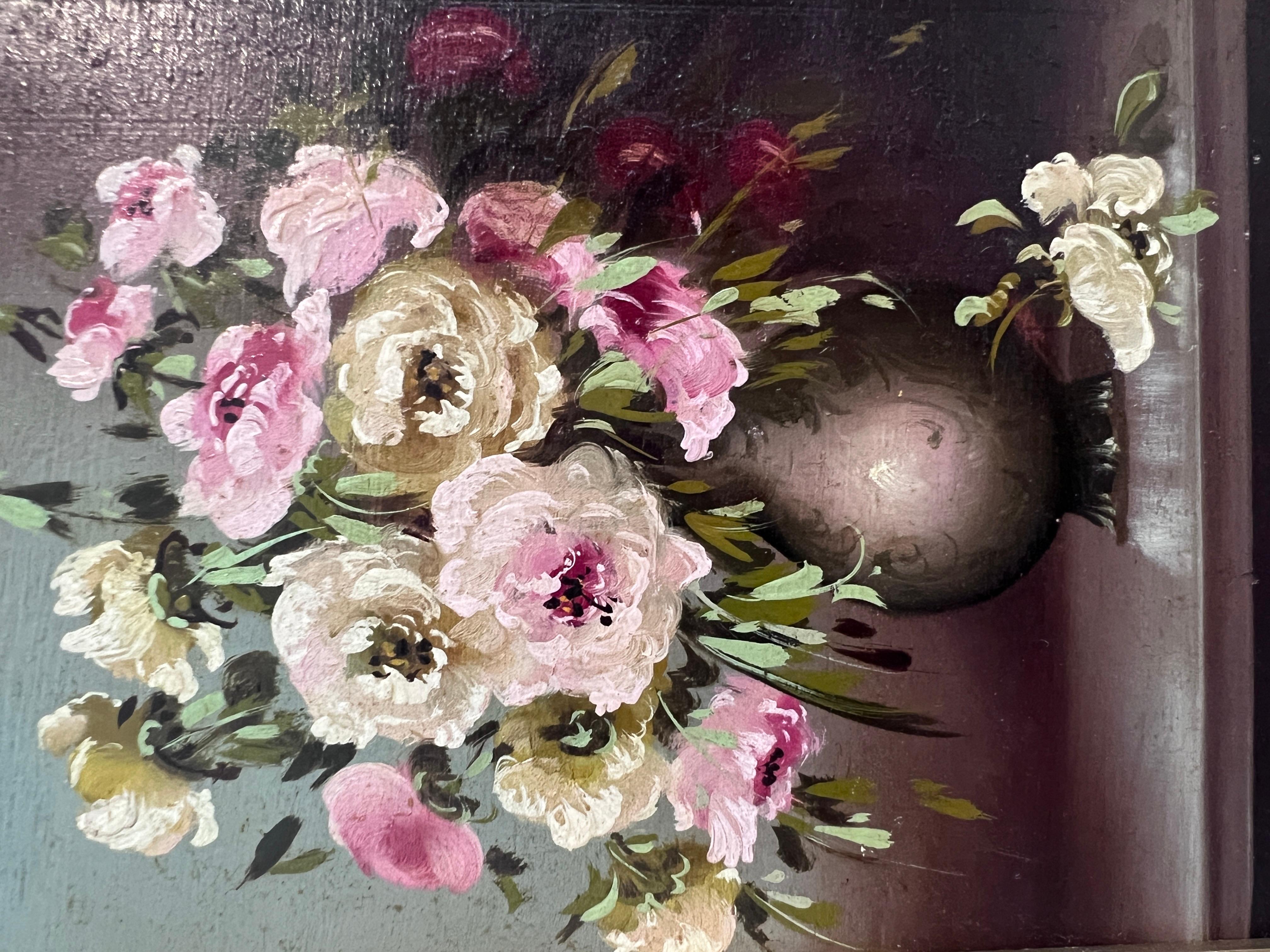 A&M. Petite peinture à l'huile vintage sur panneau, nature morte, fleurs, encadrée - Réalisme Painting par M.Varga